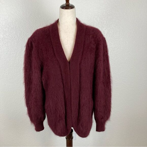Vintage Venesha Retro burgundy Angora hook closure midi fuzzy coat M - Picture 1 of 7